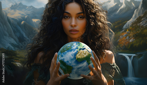 Linda jovem ativista segurando o globo do planeta Terra na mão em ação climática e conceito de conservação ambiental photo