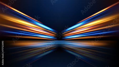Colorful Light Trails, Perspective Long Time Exposure Motion Blur Effect, Vector Illustration