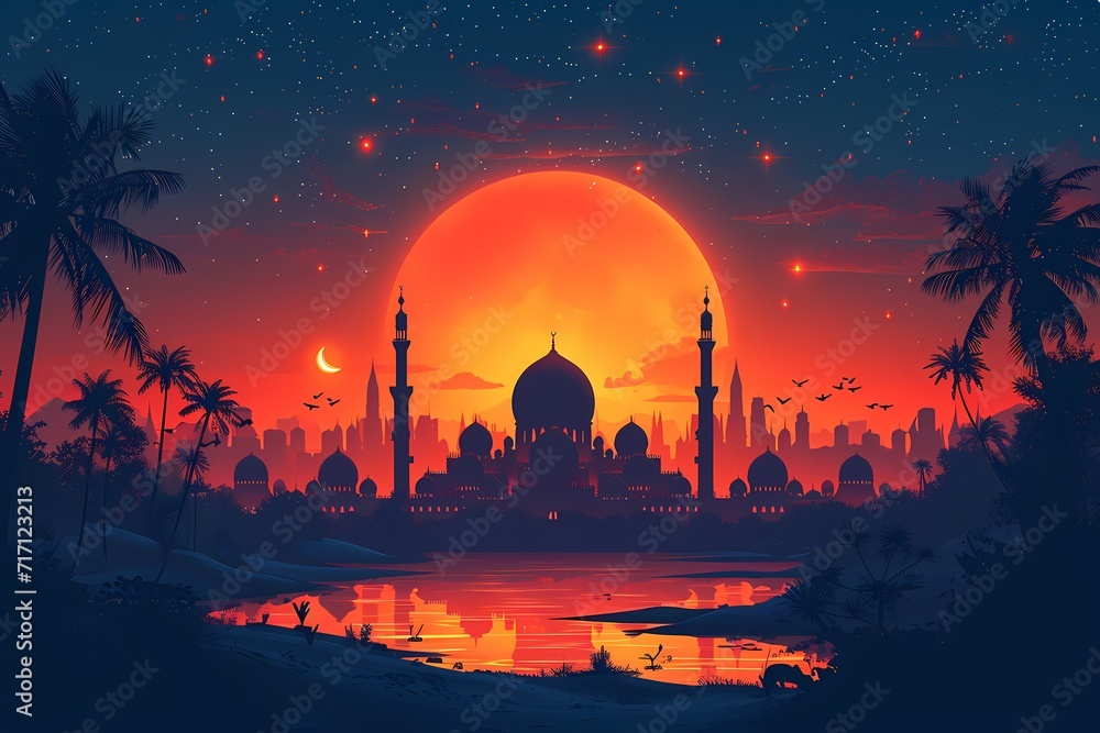 vector background with mosques and minarets to the holiday Mubarak - obrazy, fototapety, plakaty 