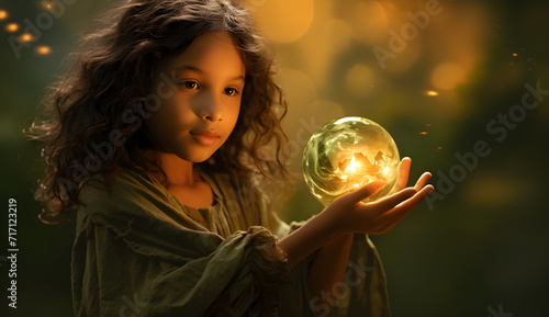 Linda menina ativista segurando o globo do planeta Terra na mão em ação climática e conceito de conservação ambiental