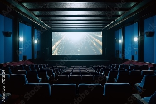 Empty cinema hall with blue color theme and white blank screen mockup, no people in auditorium