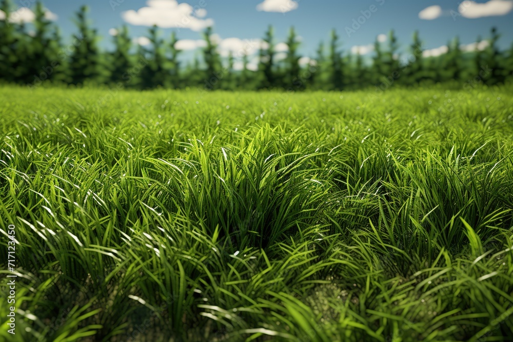 Green grass on a background of the forest and blue sky with clouds, Ai Generated Green grass on a background of the forest and blue sky with clouds, Ai Generated