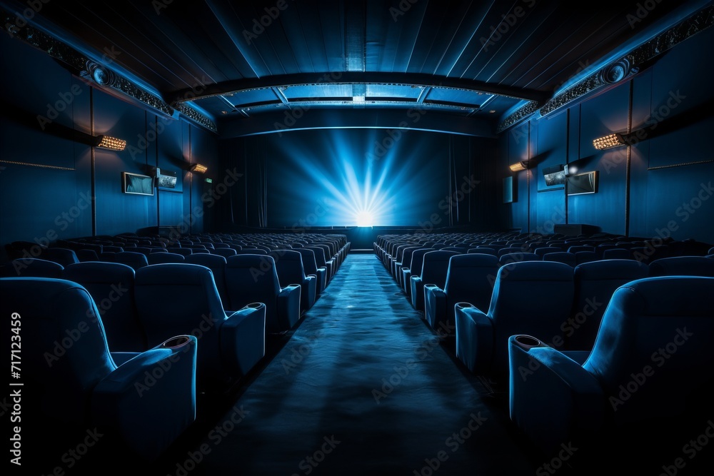 Spacious empty blue cinema hall with white blank screen mockup, perfect for creative presentations Spacious empty blue cinema hall with white blank screen mockup, perfect for creative presentations