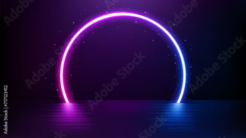 Circle Neon Light, Sci Fi Portal on Floating Floor, Vector Illustration