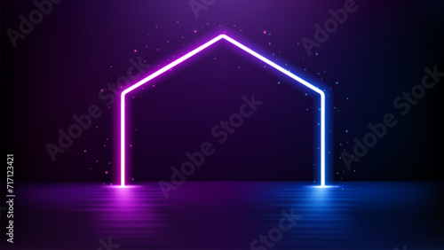 Pentagon Neon Light, Sci Fi Portal on Floating Floor, Vector Illustration