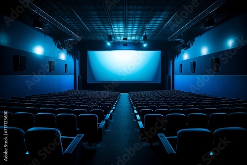 Blue cinema hall with blank screen - mockup of empty auditorium for movie theater or film projection