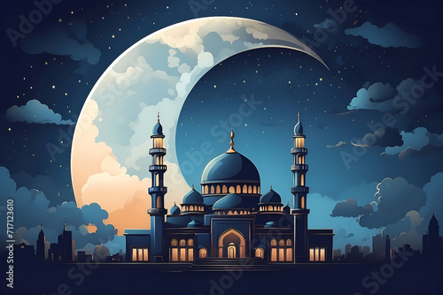 Photographie Digital illustration of a mosque on a starry night, ramadan, crescent moon and s