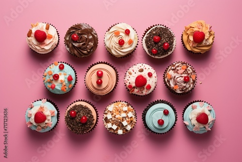 Delicious cupcakes with cherry on top on pink background, top view