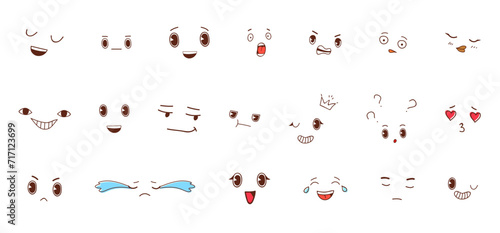 Set of different anime emotion with effects. Stock vector illustration in old school cartoon style.