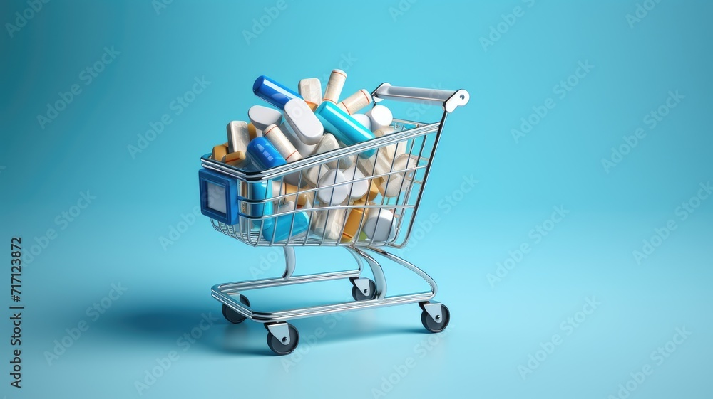 the medicine concept, featuring various capsules and medicine packaging arranged in a shopping cart, surrounded by medicine bottles on a blue background.