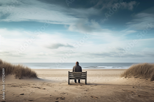 person watching the sea from a bench in the sand