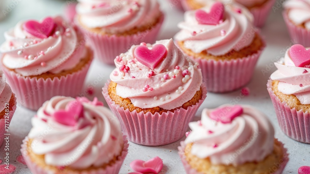 Pink Cupcakes with Love Heart Decorations. Delicious Valentine’s Day Background. Pink Cupcakes with Love Heart Decorations. Delicious Valentine’s Day Background.