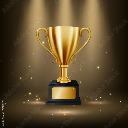 Realistic Golden Trophy with Text Space and Illuminated Spotlights, Vector Illustration
