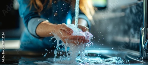 Young Caucasian lady washing hands with soap at the sink in a cropped photo.