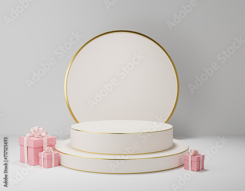 White cylinder pedestal or stand podium with circle shape background for Valentine products showcase, Abstract mock up backgroundup 3D rendering. photo