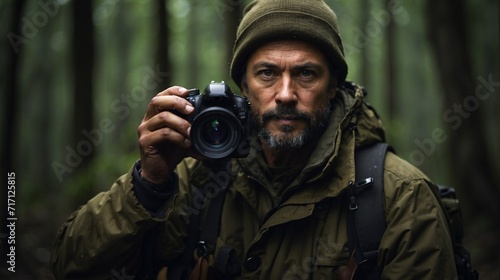 Portrait of wildlife photographer at dark forest 