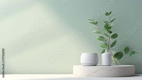 eucalyptus leaves alongside a white mortar and pestle  symbolizing ingredients for alternative medicine and natural cosmetics  aligning with a beauty salon and spa concept  with ample space for text.