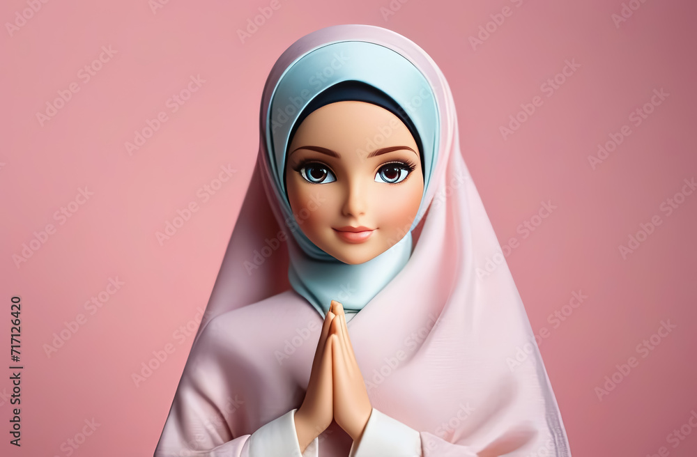 Hijab doll with headscarf on the pink background. Muslim doll in hijab. Generative AI Hijab doll with headscarf on the pink background. Muslim doll in hijab. Generative AI