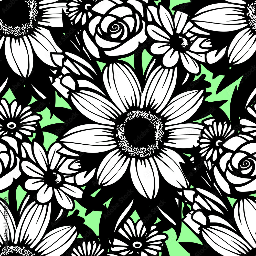 seamless pattern of black and white flowers on a green background, texture, design