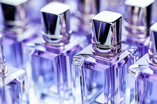 Close-up shot of identical perfume bottles - luxury fragrance collection for sale photo