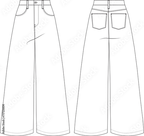 wide leg palazzo sailor high rise mid rise pant trouser template tecnical drawing flat sketch cad mockup fashion woman design style model denim jean
 photo