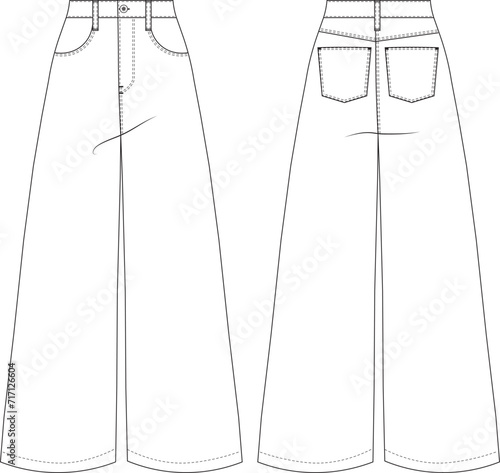 wide leg palazzo sailor high rise mid rise pant trouser template tecnical drawing flat sketch cad mockup fashion woman design style model denim jean
