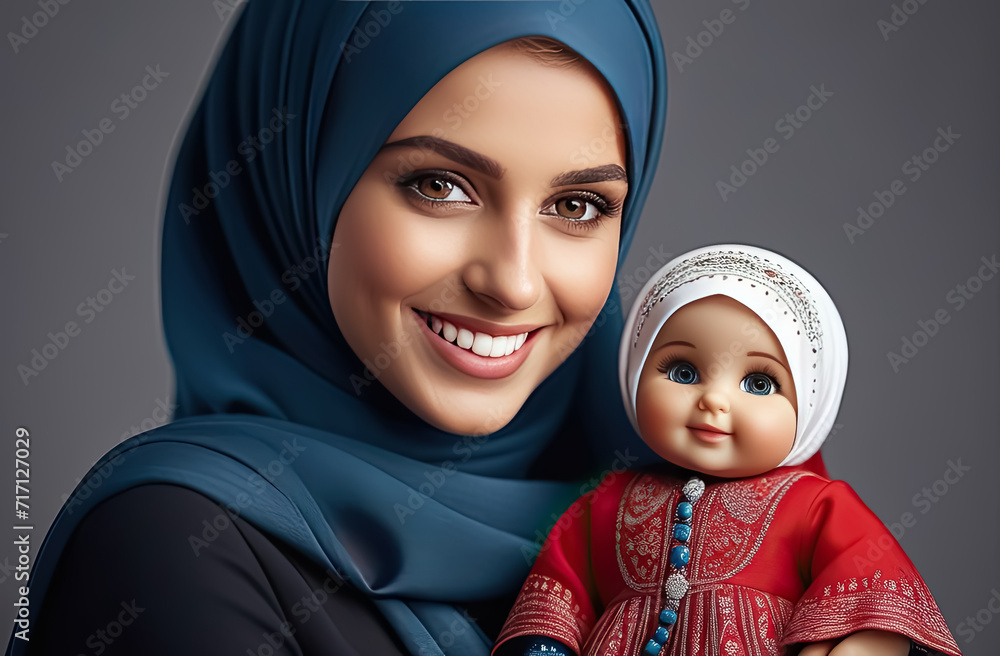 Beautiful muslim girl with hijab and cute doll in hijab in her arms. Muslim doll in hijab. Generative AI