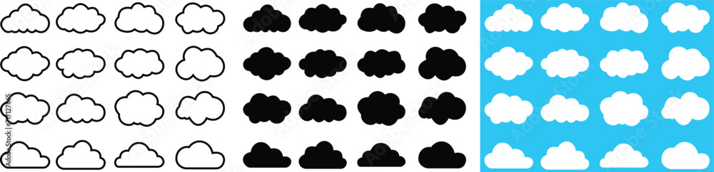 Cloud icons set in a flat design. White, black or line carton cloud collection isolated on transparent background. Cloud, Winter, Summer, Rain, Snow, Blizzard, Umbrella, Snowflake, Sunrise Wind vector