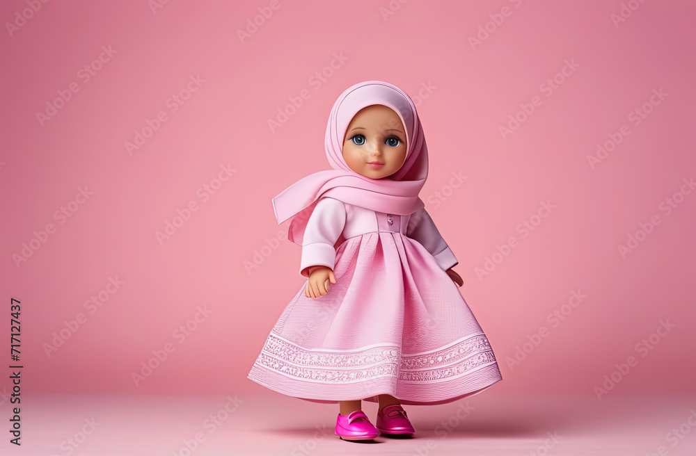 Cute little muslim doll in a pink dress and pink scarf on a pink background. Muslim doll in hijab. Generative AI Cute little muslim doll in a pink dress and pink scarf on a pink background. Muslim doll in hijab. Generative AI