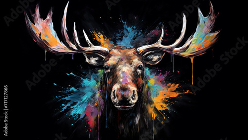 moose from front  all recovered of different paint brushes colors  black background   painting style