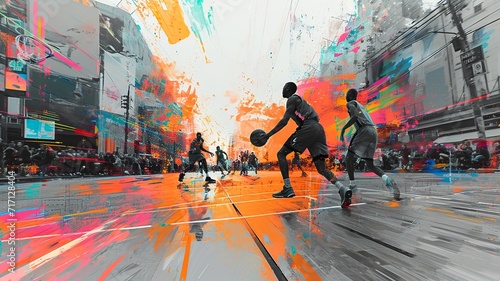 Modern Basketball Players Collage with Abstract Colorful Hoop