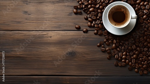 cup of coffee and coffee beans arranged on an old kitchen table, providing a top view perspective with ample copy space for your text.