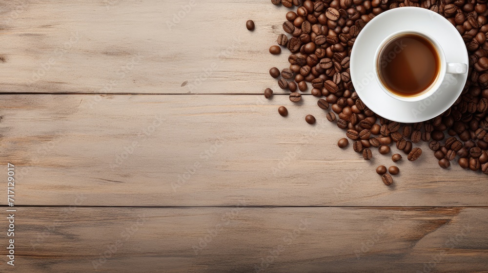 cup of coffee and coffee beans arranged on an old kitchen table, providing a top view perspective with ample copy space for your text. cup of coffee and coffee beans arranged on an old kitchen table, providing a top view perspective with ample copy space for your text.