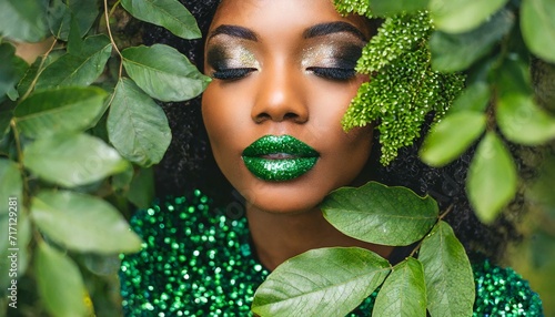 mulher sensual com maquiagem verde cercada por plantas e glitter brilhante verde