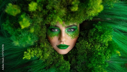 mulher observando com maquiagem verde cercada por plantas e glitter brilhante photo