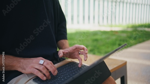 Freelancer hands typing computer closeup. Stylish mature man working digital