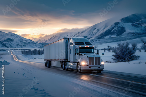 Amidst a winter wonderland, a commercial truck navigates through a snowy road, its wheels churning through the freezing landscape as it transports freight through the snowy mountains under a cloudy s photo