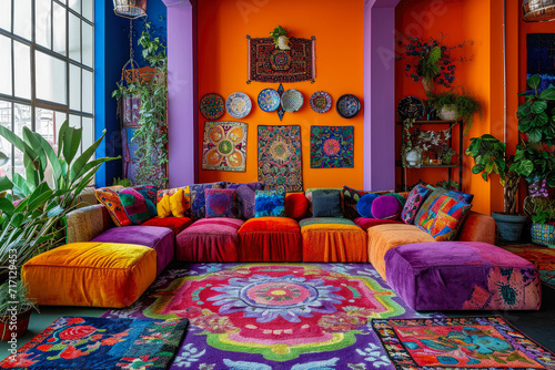 Rooms with very colorful sofas in hippie style generative ai 