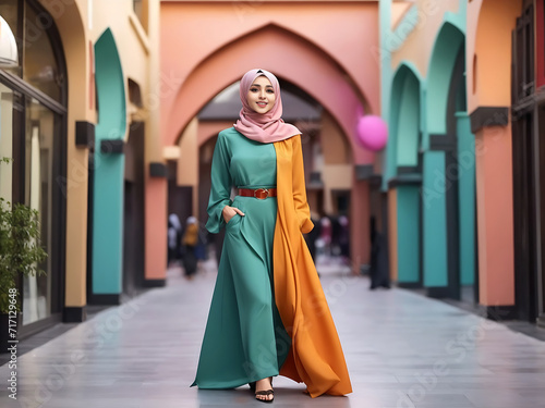 modern colorful stylish outfit photoshoot of a muslim hijab woman in dynamic shot happy and positive for modest trendy arab women fashion as wide banner Designs.