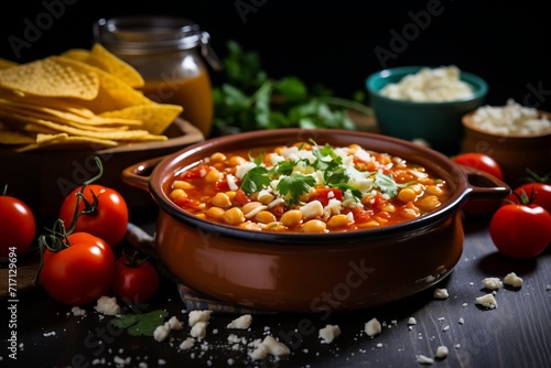 Authentic and mouthwatering mexican pozole soup - traditional and tasty mexican hominy stew photo