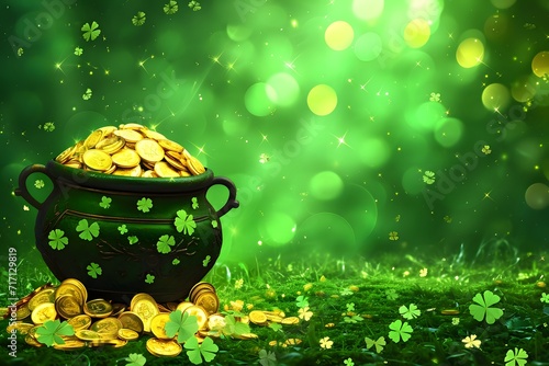 Pot of Gold Surrounded by Clover in a Magical Forest