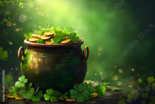 Enchanted Pot of Gold With Clovers in Mystical Forest