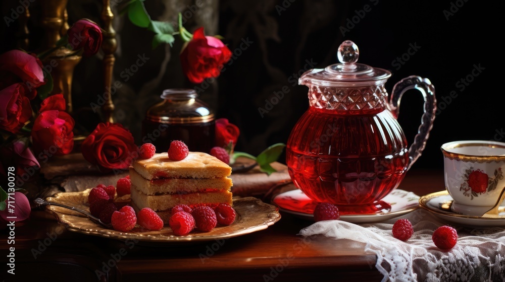 Hot fruit tea with raspberries in glass cups on a wooden table. A healthy hot drink. Alternative medicine. A decoction of raspberries rich in vitamins.