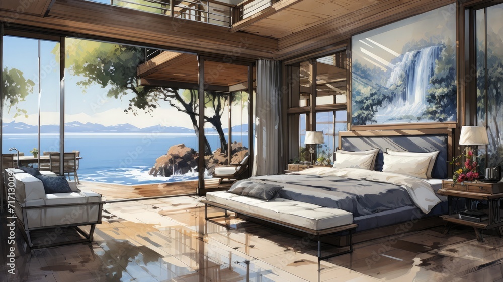 A cozy bedroom design sketch with large windows offering a breathtaking view of the ocean A cozy bedroom design sketch with large windows offering a breathtaking view of the ocean