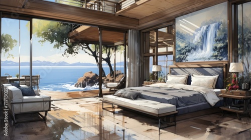 A cozy bedroom design sketch with large windows offering a breathtaking view of the ocean © YULIA