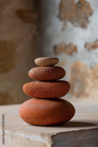 Abstract zen  calming in balance stack of rocks with red and white wave with dynamic contrast of earth and sea  captured in a vibrant painting of textured rocks adorned with a bold red and white wave.
