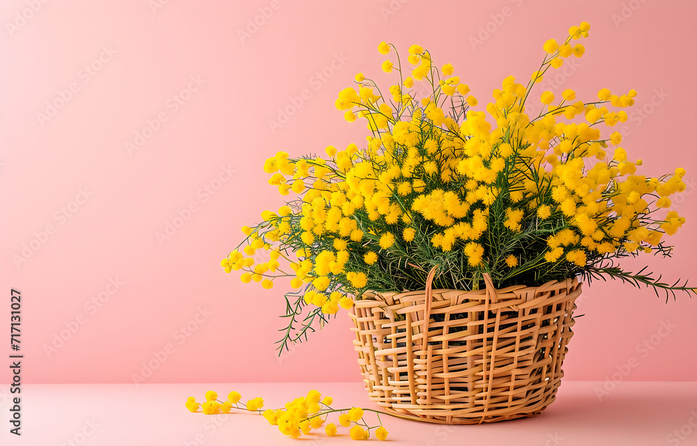 Basket of yellow mimosa flowers snowdrops on a blue spring backg