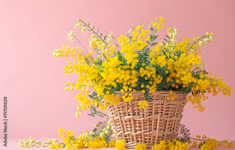 Basket of yellow mimosa flowers snowdrops on a blue spring backg
