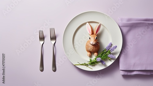 a table setting for one person, a plate with a rabbit on a napkin, accompanied by lavender and Easter eggs on a trendy background, a top view the Happy Easter concept suitable for a cafe setting.