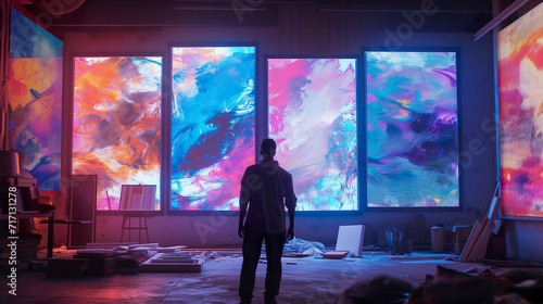Contemplative Artist in Vibrant Studio: Silhouette Against Abstract Paintings